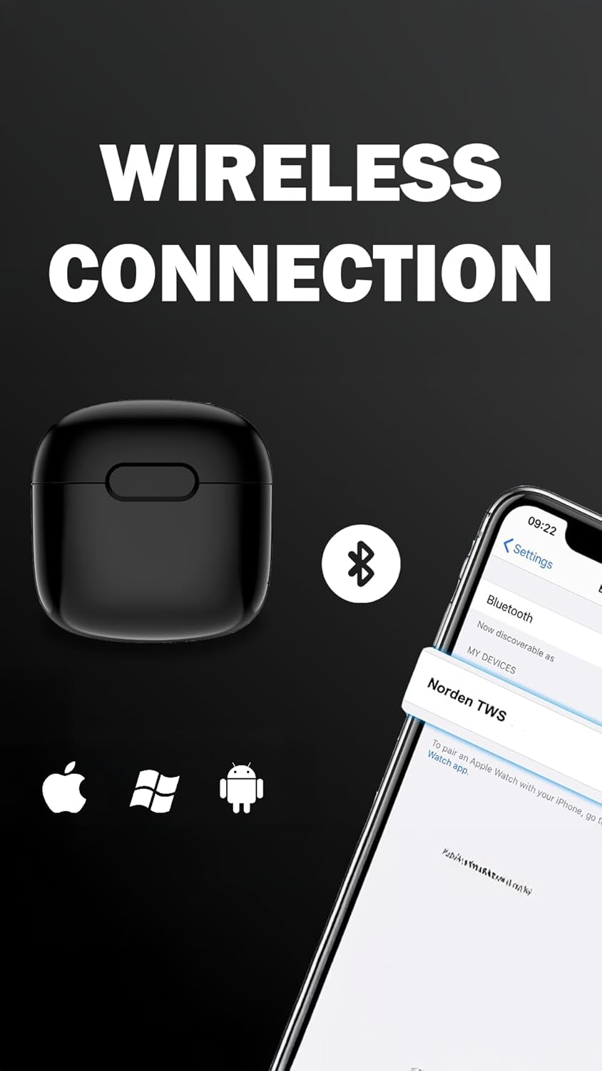 Norden Echo TWS Bluetooth Earphones, Wireless Bluetooth 5.0 Earbuds with Charging Case, 10m Range, Long Battery Life, Compact and Lightweight Design (Black)