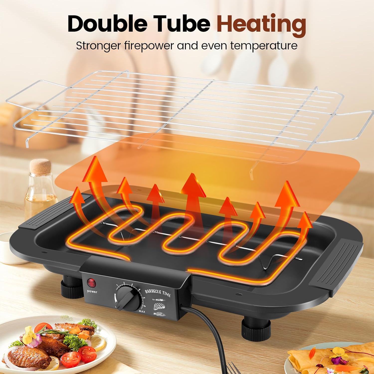 Electric BBQ Grill, 2000W Smokeless Non-Stick Electric Barbecue Grill Indoor/Outdoor with 6 Adjustable Temperature, Detachable Grid Rack and Oil Drip Tray for BBQ Party Dinner Camping Festival