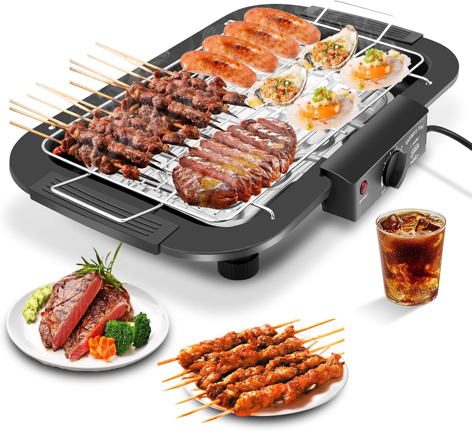 Electric BBQ Grill, 2000W Smokeless Non-Stick Electric Barbecue Grill Indoor/Outdoor with 6 Adjustable Temperature, Detachable Grid Rack and Oil Drip Tray for BBQ Party Dinner Camping Festival