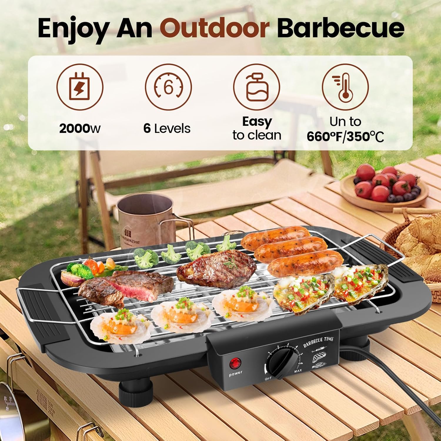 Electric BBQ Grill, 2000W Smokeless Non-Stick Electric Barbecue Grill Indoor/Outdoor with 6 Adjustable Temperature, Detachable Grid Rack and Oil Drip Tray for BBQ Party Dinner Camping Festival